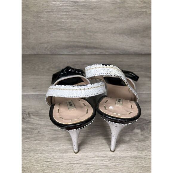 miu miu Great Labels White Patent Black Bow Peep Slingback Heels Women Sz 37EU/6 - Picture 14 of 16